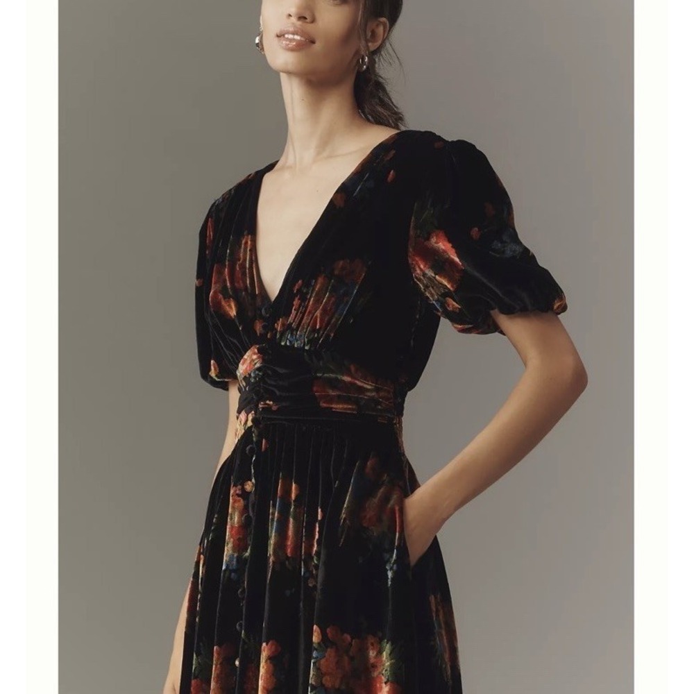 NEW Anthropologie Katerina Button Front Dress Velvet Floral Black Sz XXS Boho - Picture 4 of 10
